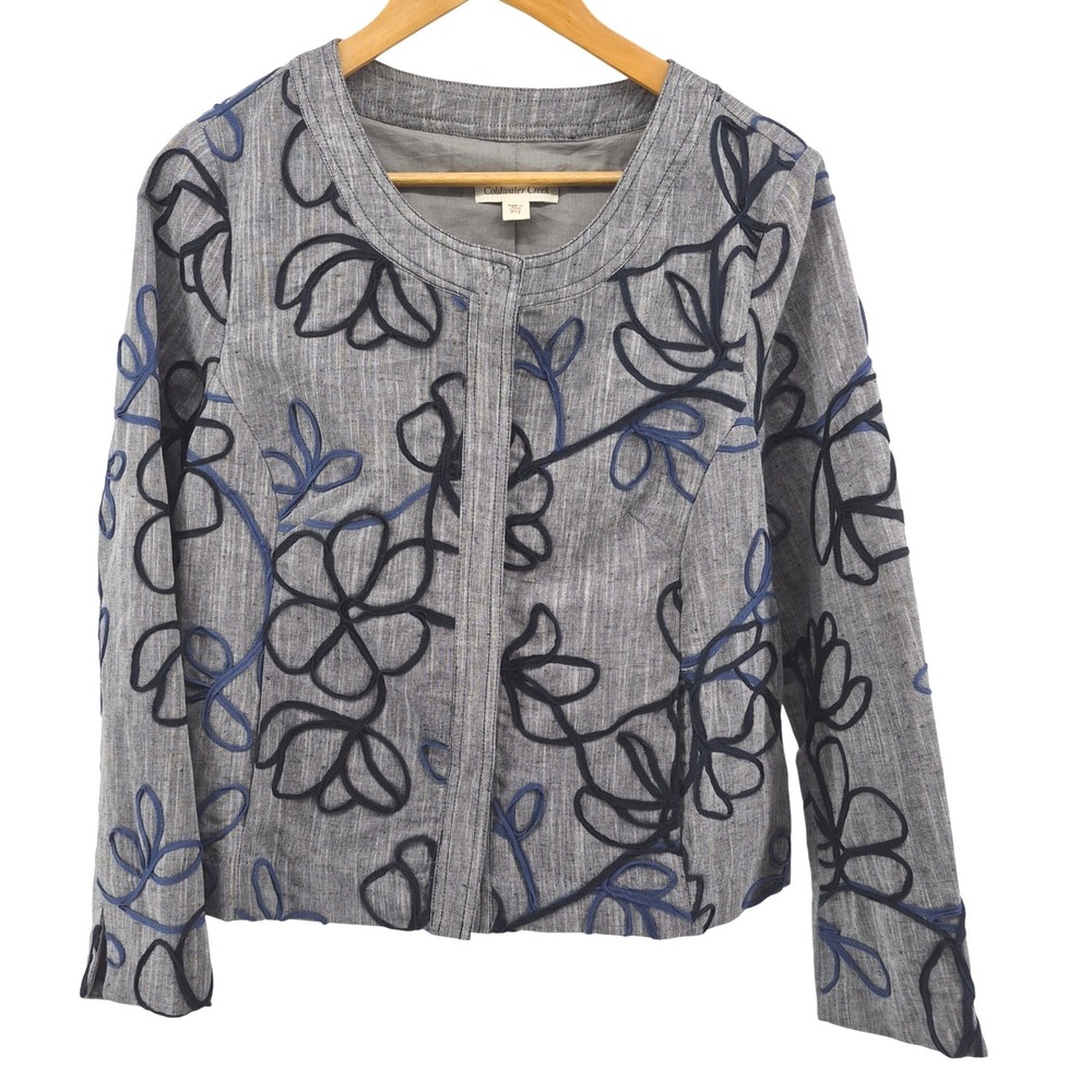 Coldwater Creek Embroidered Jacket Gray Blue Floral‎ Snap Front Sz P12 Career